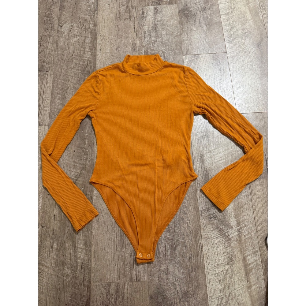 Forever 21 Mustard Yellow Ribbed Mock Neck Long Sleeve Bodysuit Medium